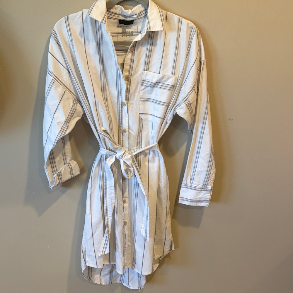 Striped Button-Front Tie-Waist Shirt Dress - White & Blue